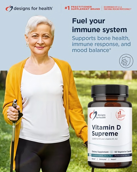 An authority-driven ad creative featuring a happy, active senior using walking poles alongside a clear, professional image of Vitamin D supplement capsules.